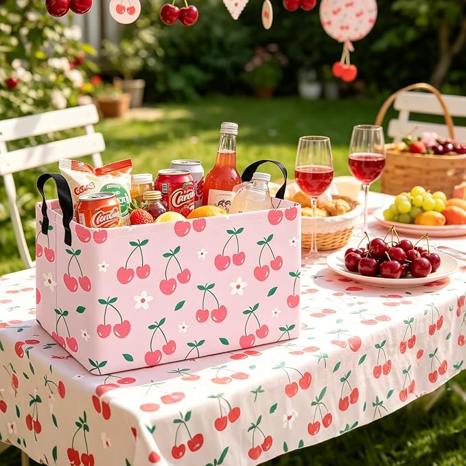 Rectangular Cherry Storage Basket Fabric Hamper | Gifts Bag for Books,Clothes,Gifts,Pets-Perfect for Home,Office,Nursery,Dorm,Shelf