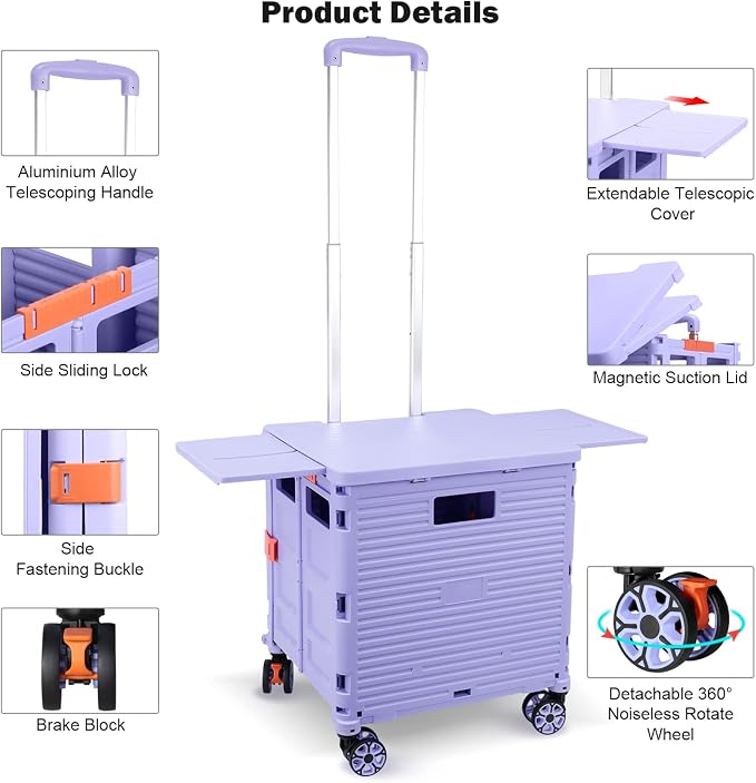Foldable Utility Cart Collapsible Portable Crate Rolling Carts with Wheels Tote Basket with Magnetic Lid Telescopic Cover Wear-Resistant 360°Rotate Wheel Noiseless for Shopping Storage Office Use