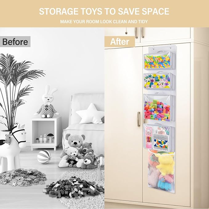 Over Door Toy Organizer, Hanging Stuffed Animal Storage with Removable Bags | White Toy Storage Case Behind Door for Block, Puzzle, Bi-Fold Closet Holder Idea with Mesh Pocket, Kid Boy Girl Nursery Room