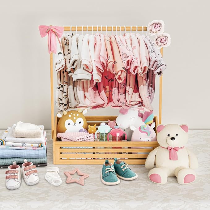 BAMBOOHOMIE Baby Clothing Rack for Toddler, Pets Clothes Rack with Storage Box & Adjustable Hanging Rod for Dogs/Cats, Baby Shower Clothes Closet Rack with Handle for Nursery Room (Natural, Baby)