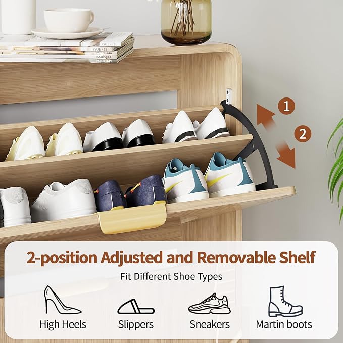 Shoe Storage Cabinet with 4 Flip Drawers for Entryway, 47.4" Freestanding Hidden Shoe Rack Cabinet, Narrow Shoe Organizer for Hallway, Foyer, Oak