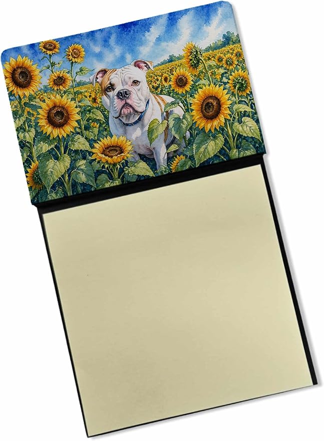 Caroline's Treasures American Bulldog in Sunflowers Watercolor Sticky Note Holder Refillable Dispenser Desk Accessory 3x3 Pad Gift