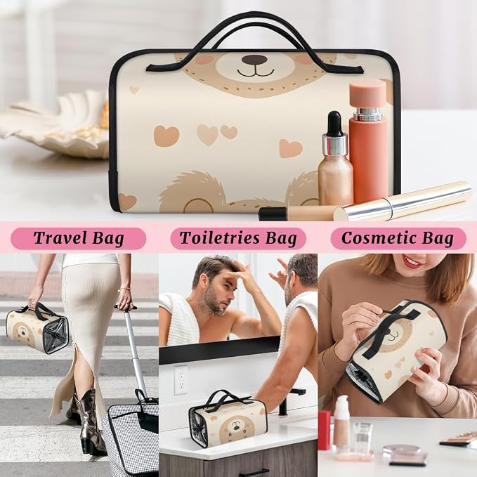 Bear Makeup Bag for Women Hanging Roll-Up Travel Organizer Toiletry Kit with 4 Removable Compartments, Cute Bear
