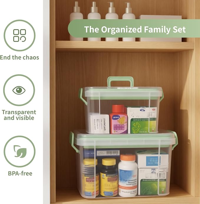 2-Pack Clear Medicine Storage Box Set with Pill Organizer | Portable Stackable with Built-in Handle, Clear View, Divided Tray, Plastic Medicine Cabinet Organizer for Home, Dorm, Travel