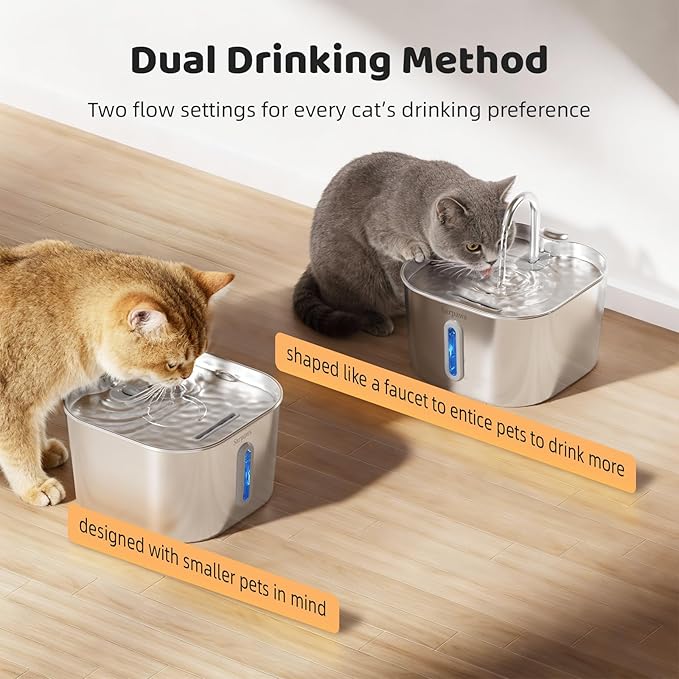 SARPAWS Cat Water Fountain Stainless Steel, 2.2L/74oz Pet Water Fountain for Cats Indoor, Ultra Quiet Cat Fountain for Cats and Small Animals, Cat Fountain for Drinking with 2 Filters & 2 Sponges
