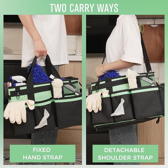 SCAVATA Wearable Cleaning Caddy, Cleaning Caddy Supplies Organizer with Handle & Shoulder Straps for Housekeepers, Under Sink & Car Cleaning Tool Organizers Bag with 4 Foldable Divider (MintGreen)
