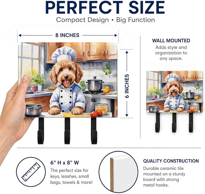 Caroline's Treasures Goldendoodle The Chef Leash or Key Holder Wall Hooks, Key Hooks Holder, Coat Rack Wall Mount, Coat Hooks, Hooks for Hanging Keys, Towels, Aprons, Leashes | Goldendoodle The Chef artwork on ceramic tile with three steel hooks for ke...