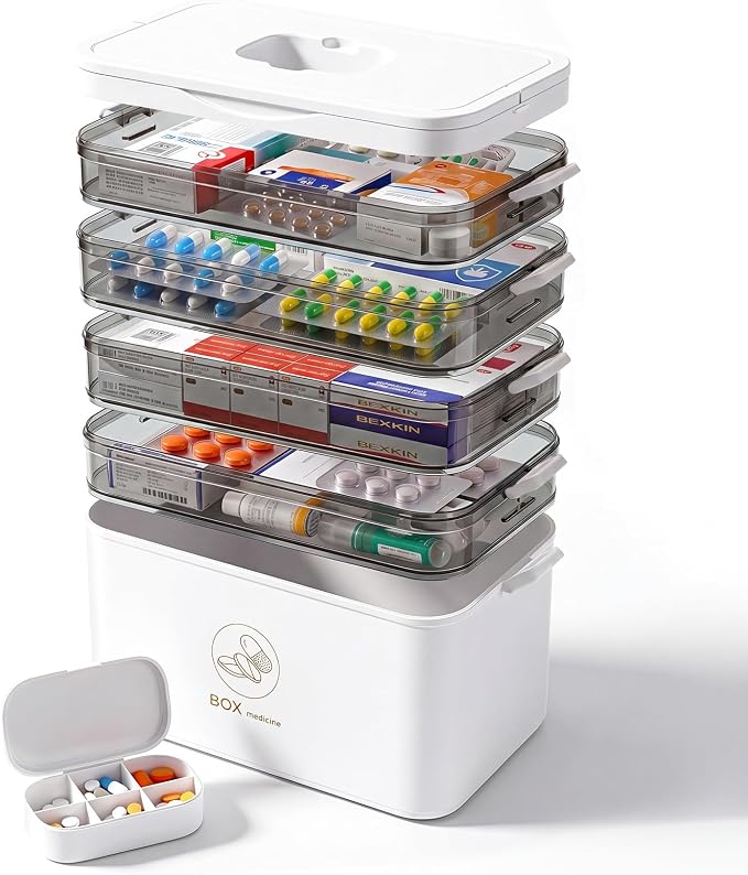 5-Tier Medicine Storage Organizer with Portable Pill Case, Portable First Aid Box with Removable Layers, Clear Medical Storage Container for Medicines, Vitamins & Emergency Supplies
