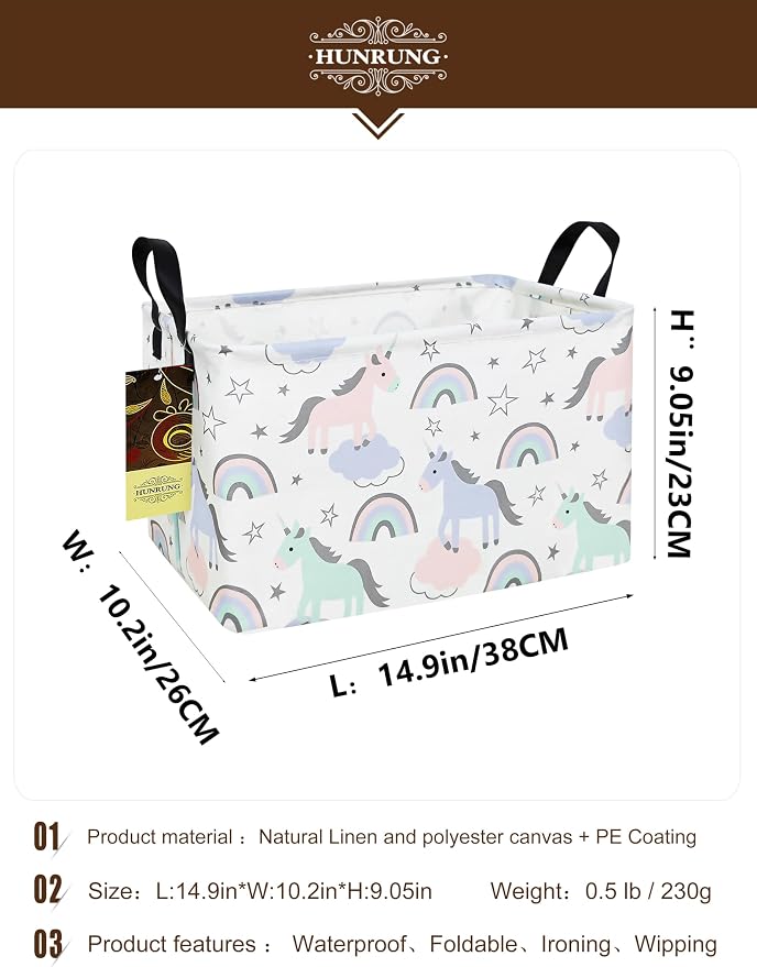 Rectangle Canvas Foldable Storage Basket for Nursery, Star Unicorn | Portable and collapsible cloth receptacle. Stores pet essentials, daily use items