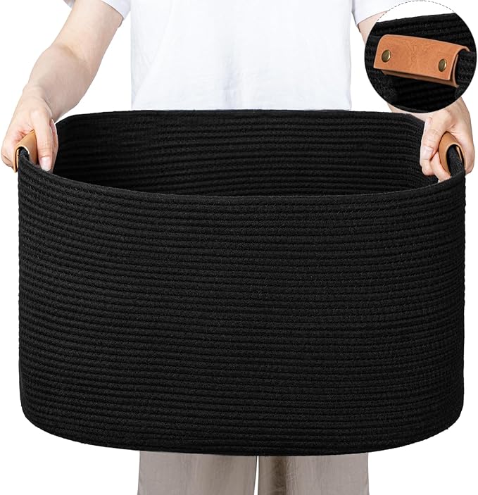 danpinera Large Blankets for Living Room, 72 L Woven Cotton Rope Baskets for Storage, Organizing Kids Toys & Dog Toys, Large Basket Organizer for Nursery, Bedroom, Bathroom, 22’’*17’’*11.8’’ Black