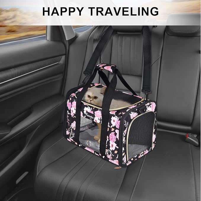 Petmolico Cat Carrier Soft-Sided Airline Approved, Medium, Pink Peony | For small/medium cats & puppies up to 16 lbs, 3 open doors, travel-friendly pet bag