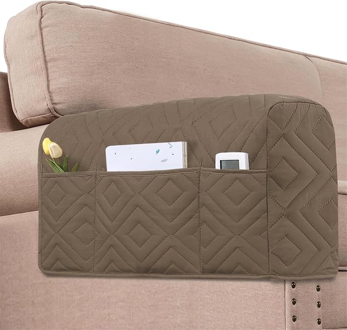 2Pcs Armrest Chair Covers for Sofa Waterproof Couch Arm Covers Armchair Covers for Arms Sofa Arm Covers Sofa Armrest Organizer for Magazine,Tablet,Phone (Taupe)