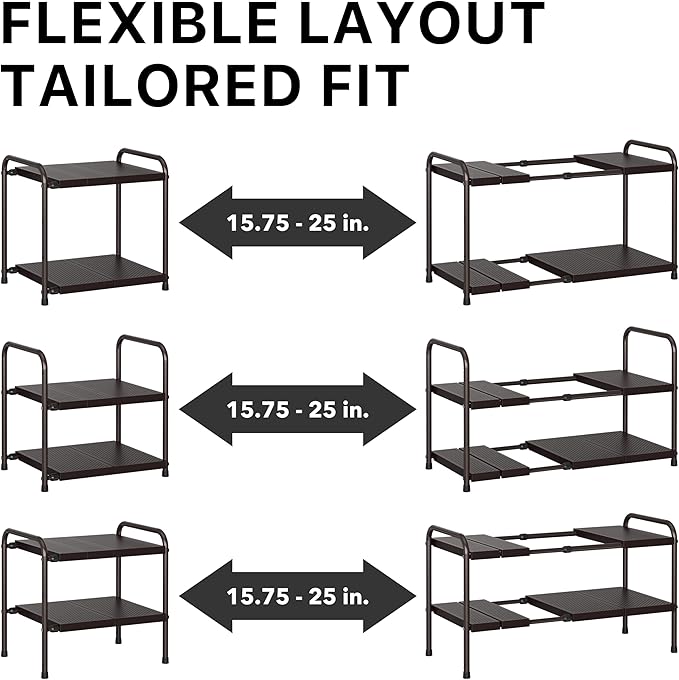 Simple Houseware Under Sink 2-Tier Heavy Duty Expandable Organizer, Bronze | Adjustable Width 15.75–25 Inches with 4 Shelf Height Levels