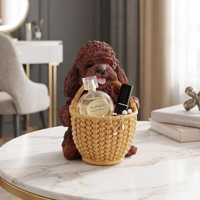 Chocolate Brown Teddy Poodle Candy Bowl, Resin Dog Figurine Key Bowl for Entryway Table, Desktop Storage Basket Organizer for Desk, Unique Dog Lover Gift