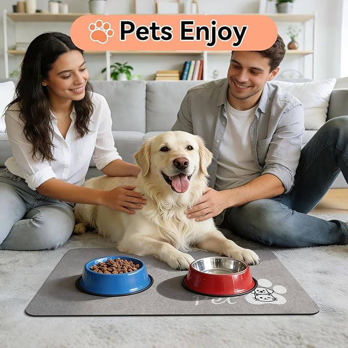 Dog Cat Feeding Mat-Absorbent Pet Bowl Mat for Food and Water, Quick Dry Water Dispenser Mat for Floors with Waterproof Rubber Backing, Puppy Cat Placemat Mats for Messy Drinkers,16"x24",Grey