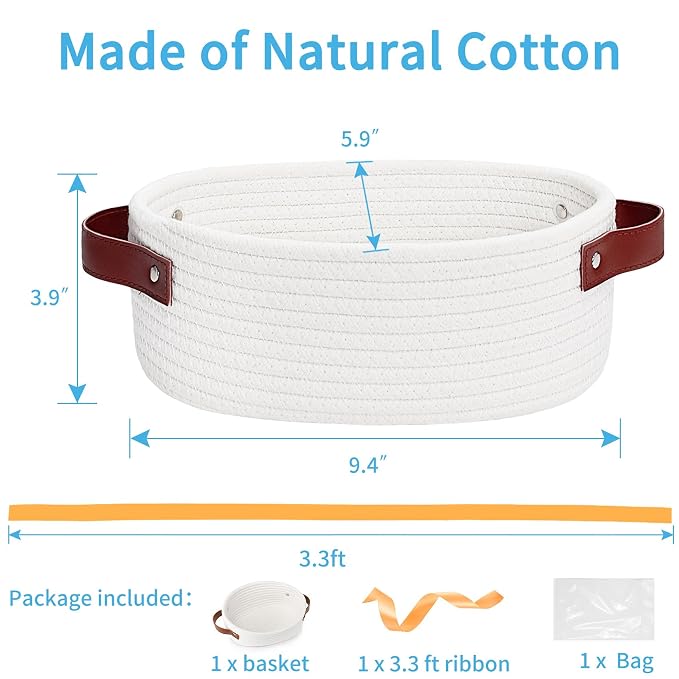 ABenkle Small Woven Basket, Mini Cotton Rope Storage Tiny Shelf Oval Decorative Toy Dog Cat Bin for Nursery, Empty Gift Basket with Gift Bags and Ribbon - White