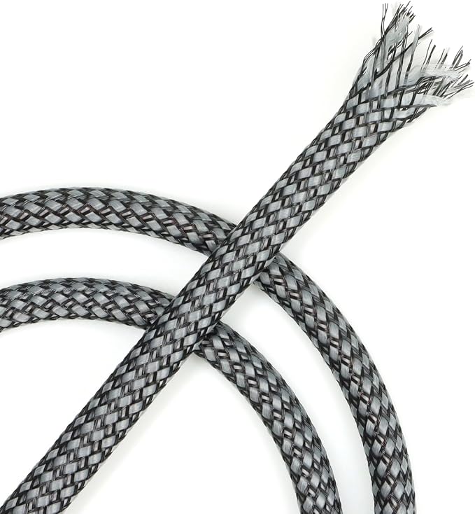 Expandable Braided Cable Sleeve, PP Yarn + PET Braided Expandable Sleeving Cable Management Protection High Density PET Wire Cover Sheath for Cables (Grey Black, 4mm (5/32")-49ft)