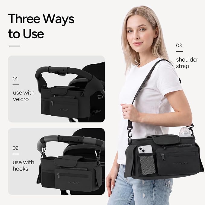 Mompush Universal Stroller Organizer Caddy with Insulated Cup Holder | Large storage capacity, multiple pockets, detachable zippered pouch, secure Velcro straps, universal stroller fit