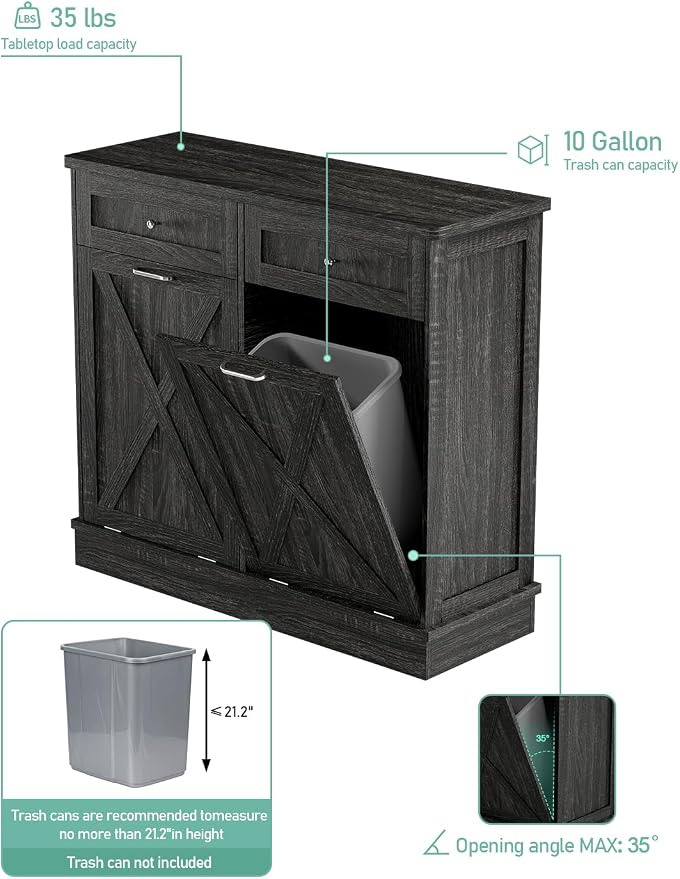 TOLEAD Double Tilt Out Trash Can Cabinet 2 x 10 Gallon Wooden Hidden Trash Cabinet with Barn Door & Solid Wood Top, Farmhouse Kitchen Garbage Bin Enclosure, Pet Proof Odor Blocking for Kitchen, Grey