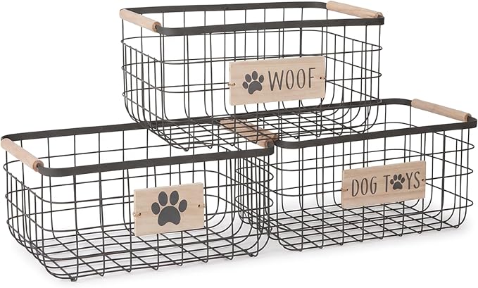 RGI Home Dog Toy Storage Baskets – Set of 3 Rectangular Metal Organizer Bins for Pet and Household Storage, Multi-Sized with Wood Accents, Durable and Rustic, Antique Gray Metal