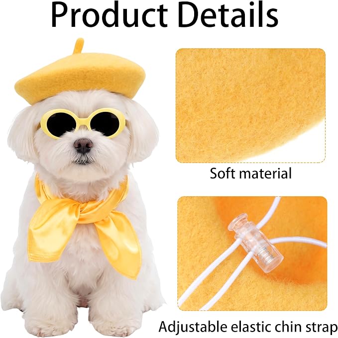 Dog Beret Set Including Dog Beret Satin Scarf Funny Glasses Pet French Artist Beanie for Small Dogs Cats Halloween Christmas Cosplay Party (Yellow)