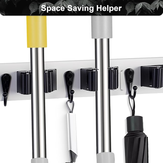 FunCee Broom Holder Wall Mount With 5 Slots & 4 Hooks，Rustic Wood Broom & Mop Hanger，Wall Mounted Garden & Garage Tool Storage Organizer Rack for Closet Laundry Room or Kitchen Wall Decor White
