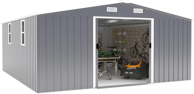 10x12 FT Outdoor Metal Storage Shed, Large Storage Shed with Two Daylight Windows, Outdoor Tool Shed with 0.23mm Color Steel Plate and Surface Protective Film, Dark Grey