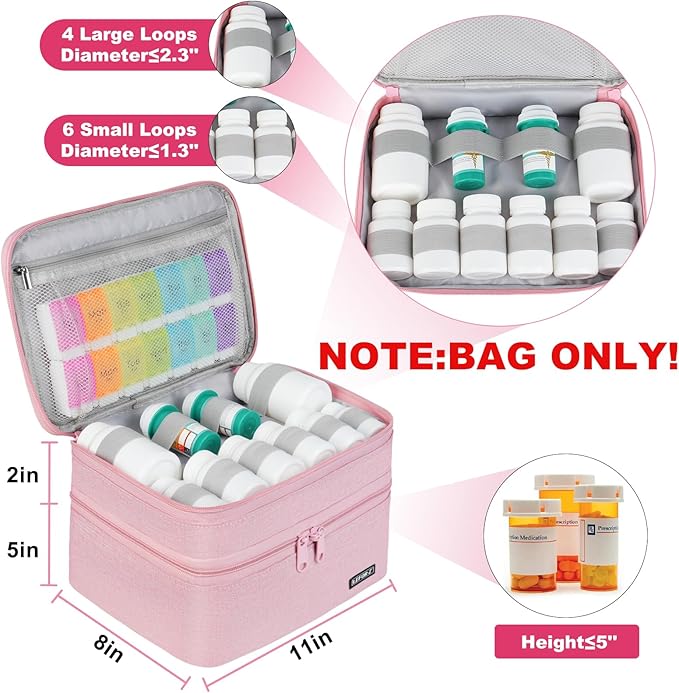 LEFOR·Z Medicine Bag,Double Layers Pill Bottle Organizer Travel Bag Empty | Medical Supplies Storage Bag with Lockable Zipper & Adjustable Divider,Medication Carrying Bag for Pills,Vitamins,Pink