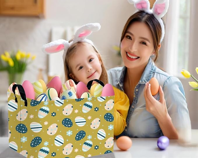 Large Rectangular Easter Baskets Empty Waterproof Boy Toy Box Foldable Kid's Gifts Storage Bin Spring Room Decor(Retro Floral Egg)