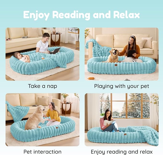 ChiXnuggle Orthopedic Human Dog Bed,Striped Faux Fur Washable Cover,Blanket | blue,72*40*10,giant dog bed for adult or extra large dogs,egg crate foam,non-slip bottom