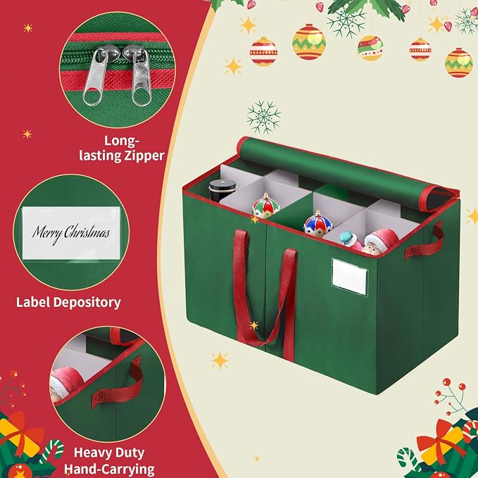 EverMerry Nutcracker and Figurine Collectibles Storage Box， Large Ornament Storage Organizer Stores Up to 8 Holiday Figurines-Carolers, Santa Figure, or Nut Cracker Ornaments (Green/15 Inches)
