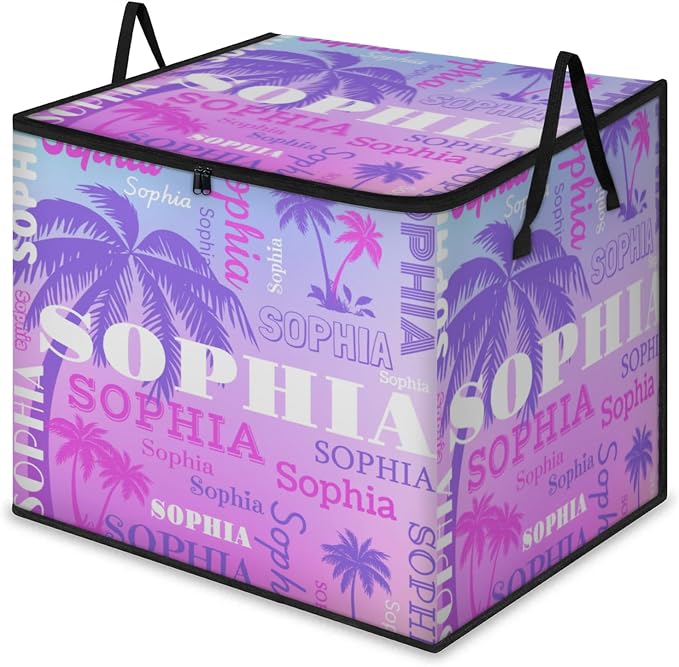 Custom Extra Large Storage Baskets with Lid, Personalized Storage Bins Basket Boxes Handles for Clothes Blanket Bedroom Closet Organizing Toys Shelves, Gradient Purple Blue with Palm Trees
