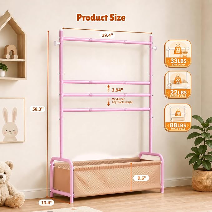 Kids Clothing Rack with Double Rod Height Adjustable Kids Clothes Rack Pink | Storage Basket & Hooks, Height Adjustable Kids Clothes Rack, Portable Baby Dress Up Garment Rack for Princess Dresses