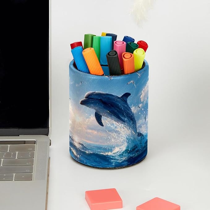 Faux Leather Pen Holder for Desk, Pencil Organizer Dolphin Pen Cup Desk Decor Makeup Brush Holder Storage for Office Home