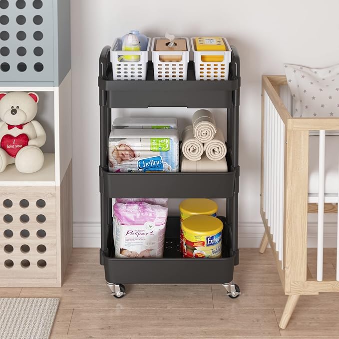 Calmootey 3-Tier Utility Cart with Drawer & Wheels, Storage for Home,Office | Space-Saving Organizer, Sturdy Plastic Shelves, Smooth-Rolling Metal Wheels, Built-in Drawer for Small Items, Black