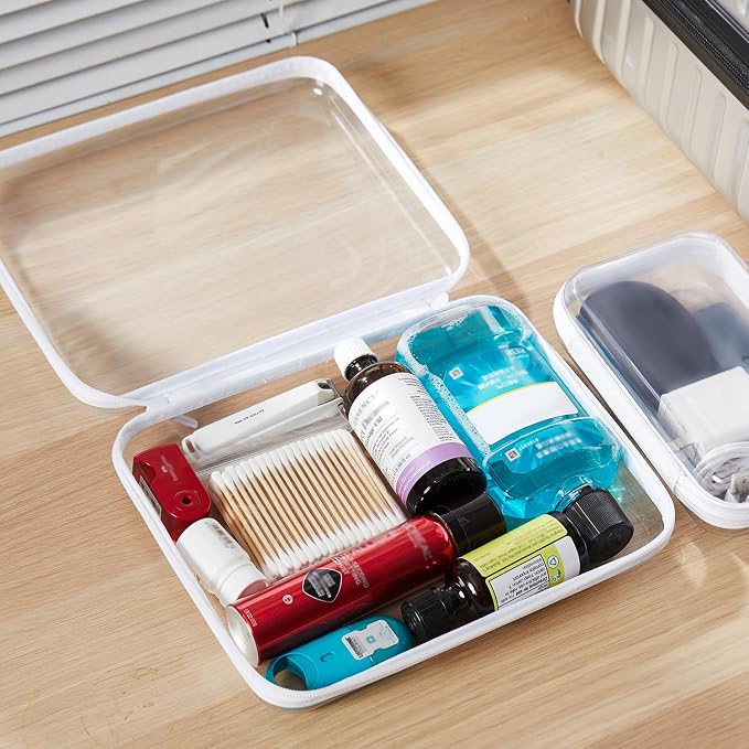 4PCS Large Clear Hard Shell Zipper Case, Makeup Organizer & Toy Storage Bag for Lego Bricks, Diaper Pouches, Cosmetic Bags, Transparent Pencil box, Puzzle Board Game, Portable Travel Toiletries