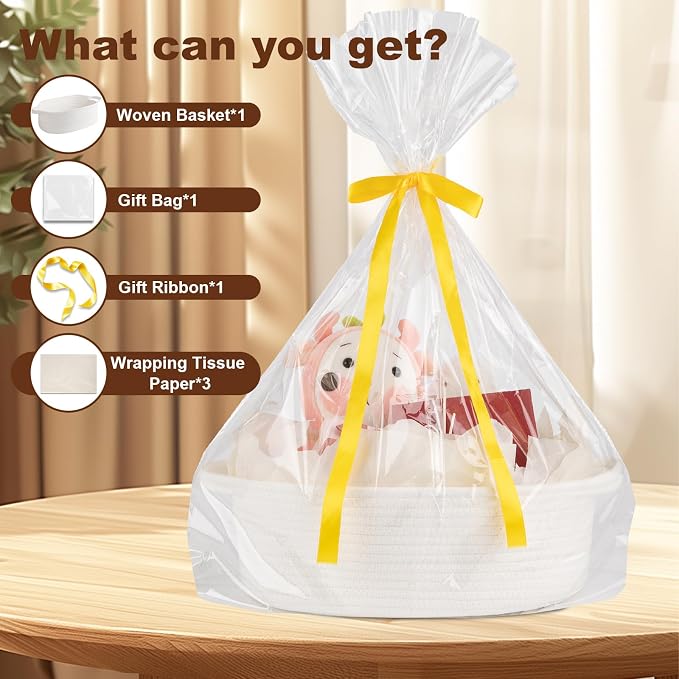 OIAHOMY Gift Basket with Handle, 13.4"x 10"x 5.5" Woven Basket with Gift Bag, Ribbon and Wrap Tissue Paper, Nursery Bins Empty to Fill with Towels, Baby, Pet Toy Organizer - White