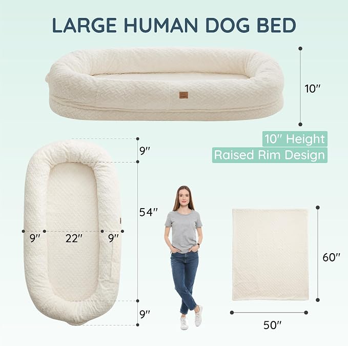 ChiXnuggle Orthopedic Human Dog Bed,with Faux Fur Washable Cover,Blanket | white,72*40*10,giant dog bed for adult or extra large dogs,egg crate foam,non-slip bottom