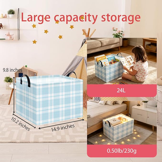 NTAOHAMPER Rectangular Storage Basket with Handles, Laundry Hamper, Room Decor, Gift Basket, Book Box (Blue Plaid)