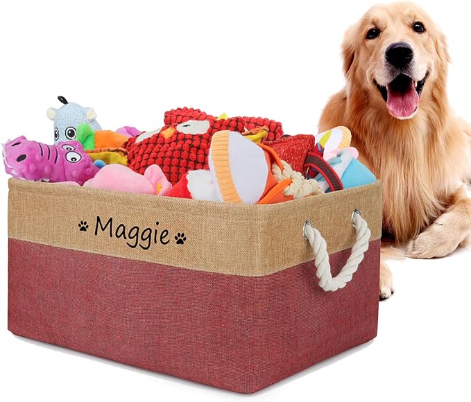 Personalized Dog Toy Storage Basket Bin Collapsible Customized Pet's Name Storage Box Organizer for for Dog Toys, Clothing, Apparel & Accessories (Burgundy, L)