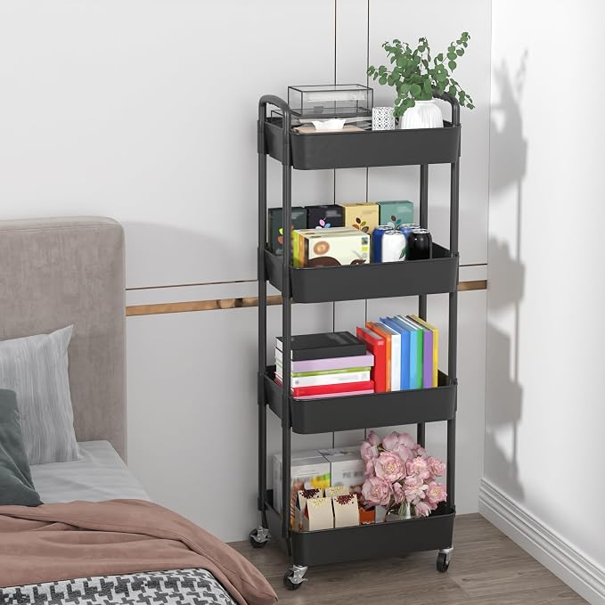 Sywhitta 4-Tier Plastic Rolling Utility Cart with Wheels for Storage, Black | Multi-Functional Storage Trolley, for Office, Living Room, Kitchen, Bathroom,Movable Organizer,Space-Saving,Easy to assemble