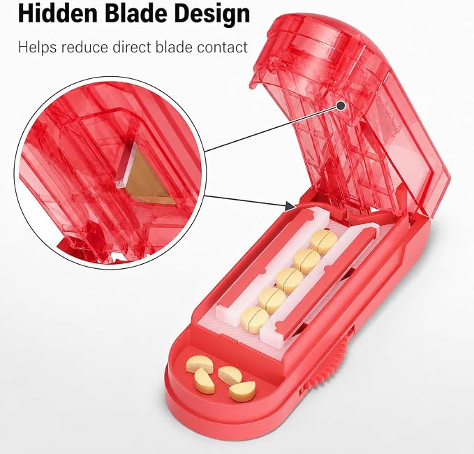 ONE PIX Pill Cutter Splitter for Small and Tiny Pills, Multiple Pill Splitter with Centering Device & Hidden Blade, Adjustable Tablet Cutter for Large Pills, Seniors, Pets, Red