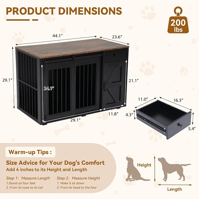 Verano Garden 44" Dog Crate Furniture, Dog Kennel (44" Right Facing Door) | 2-in-1, Lockable, Sliding Door, Removable Divider, Adjustable Shelf, Farmhouse, Heavy Duty, Small Medium Dogs, Black