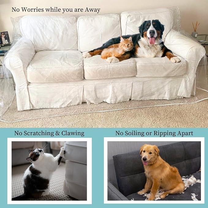 Evelots Clear Vinyl Couch Cover, Waterproof 3-Seat Sofa Protector | Heavy-duty vinyl protects 3-seat sofas from pet claws, stains, dust and spills; ideal for everyday use, moving and storage.