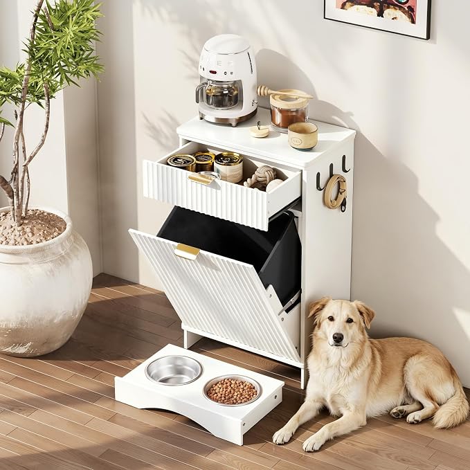 Tilt Out Trash Can Cabinet with Dog Bowl, 10 Gallons Dog Feeding Station with Storage Cabinet, Pet Feeder Cabinet with Hideaway Drawer for Kitchen, Living Room (Tilt-Out Dog Feeding Station-White)