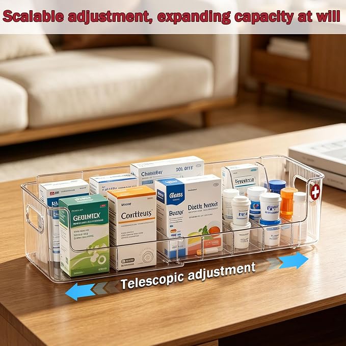 Clear Expandable Medicine Organizer for Cabinet & Countertop, Large First Aid Storage Bin with Removable Dividers, Adjustable 6-Compartment Medication Organizer Box for Bathroom Pantry