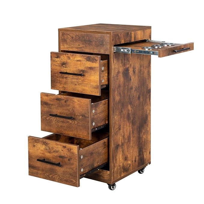 Salon Trolley Cart with Wheels, Wooden Hair Storage Cabinet, Stylist Cart Mobile Hairdressing Barber Station for Beauty Spa Barbershop, 3 Large Drawers, 3 Hot Tool Holders, Rustic Brown
