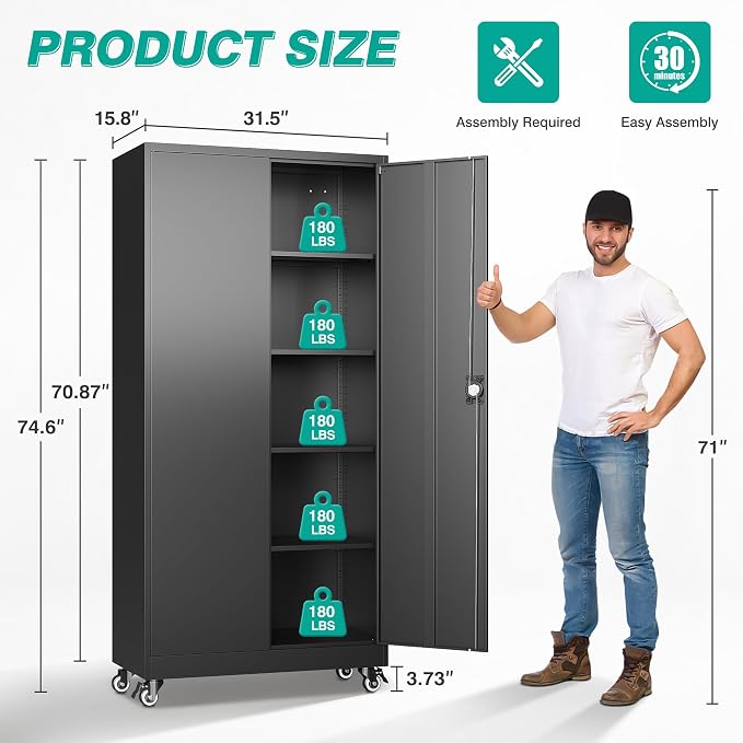 Metal Storage Cabinet with Wheels,75 inch Tall Rolling Garage Storage Cabinet with Lock,Black Metal Cabinets with Wheels and Shelves,Deep Heavy Duty Tool Locker for Garage,Home,Office,Shop