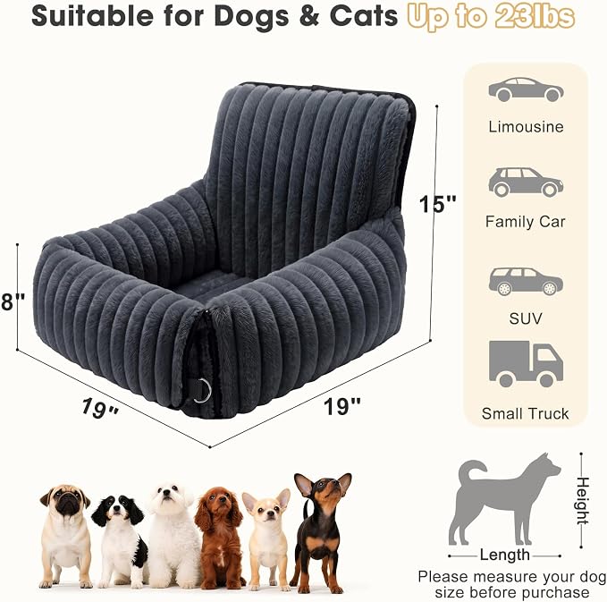 MIXJOY Dog Car Seat for Small/Medium Dogs up to 23 lbs, Multi-Functional Dog Carrier for Car with Detachable Washable Cover, Pet Travel Bed with Clip-On Safety Leash, Grey