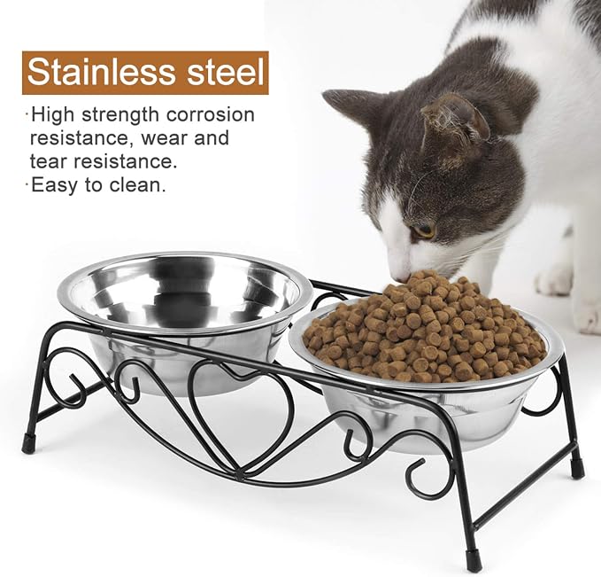 Dog & Cat Bowl Stand with 2 Stainless Steel Bowls, 3.4 Inch Fixed Height | Elevated Dog Bowls for Small Dogs and Cats, Removable Food and Water Bowl Set